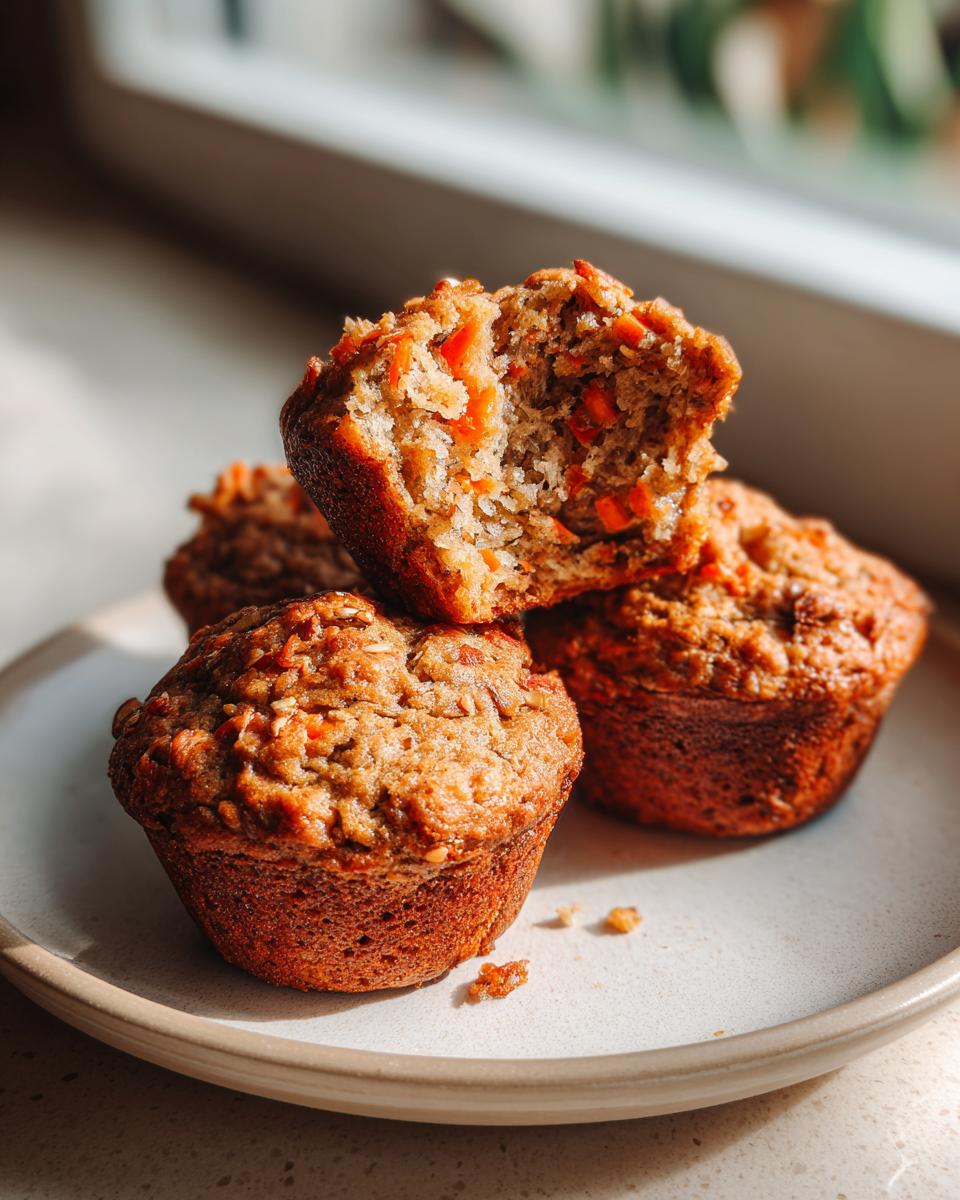 A stack of three delicious morning glory muffins, one broken open to show the moist interior with visible carrots.