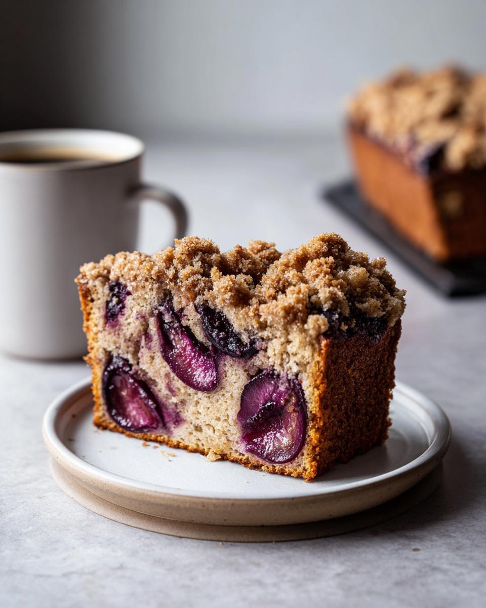 A thick slice of moist plum cake with visible baked plum halves and a generous brown sugar crumb topping, served next to coffee.