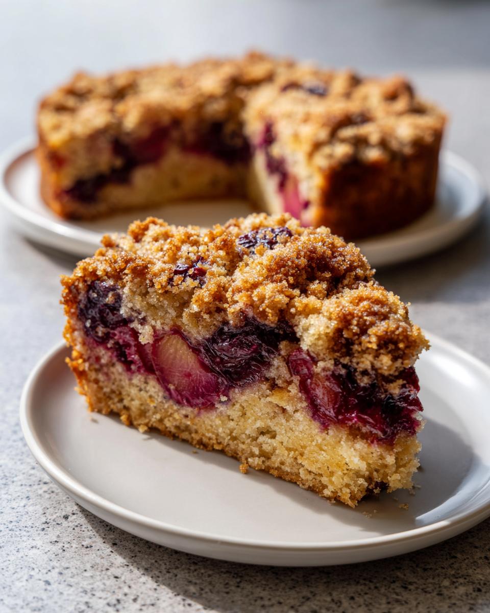 A close-up slice of moist plum cake featuring baked plums and a generous brown sugar crumb topping.