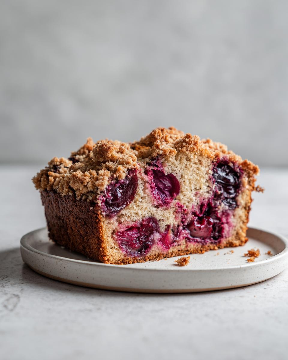 A moist slice of plum cake featuring rich purple fruit baked into the batter and topped with a golden streusel crumb.