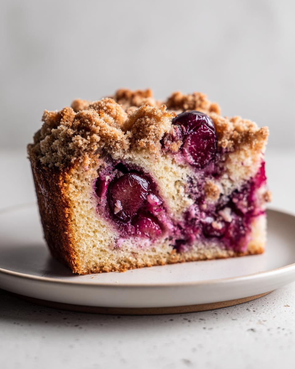 A close-up of a moist slice of plum cake featuring baked-in purple plums and a crunchy streusel topping.