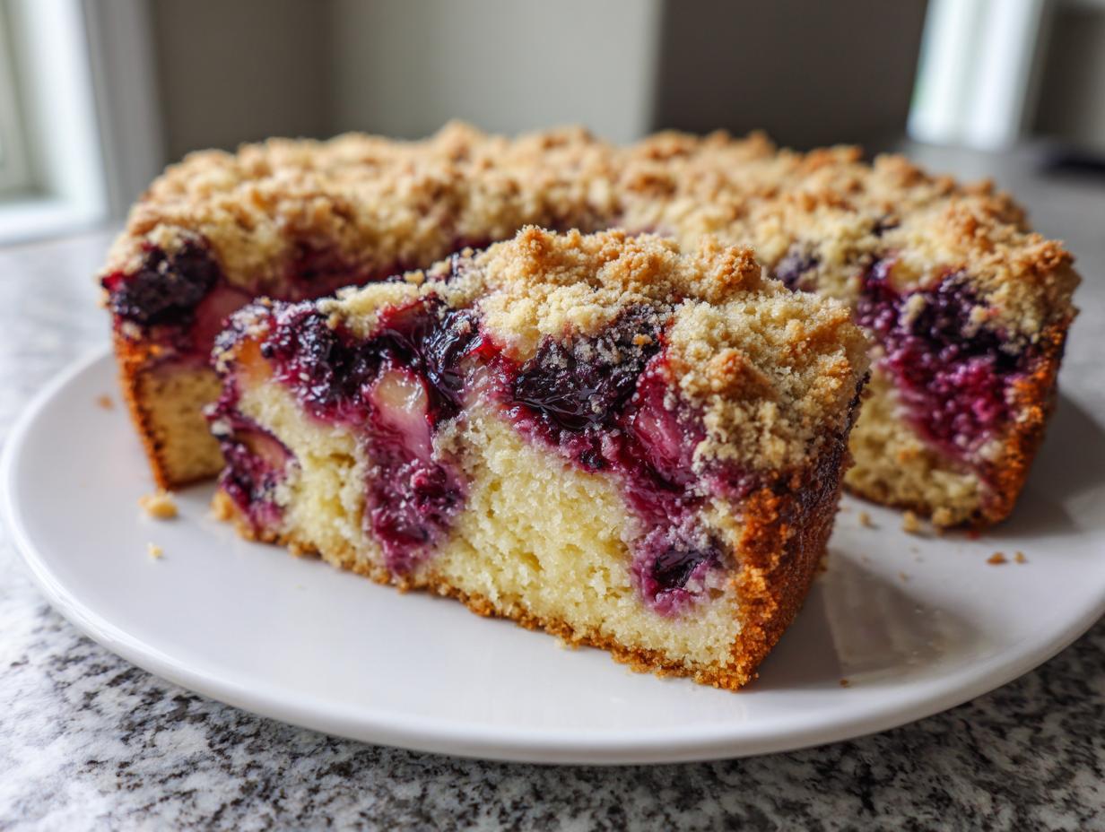 A moist slice of plum cake featuring a yellow crumb base, rich purple plum filling, and a crunchy streusel topping.
