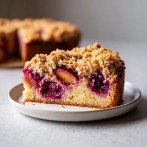 A close-up of a moist slice of plum cake topped with a generous layer of golden streusel crumbs.