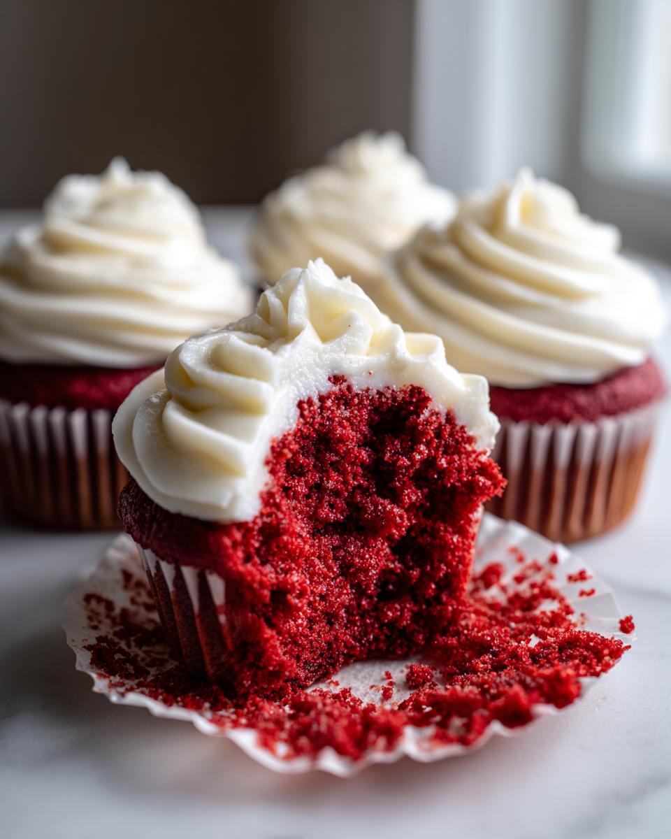 A red velvet cupcakes has a bite taken out, revealing the moist red interior and thick cream cheese frosting.