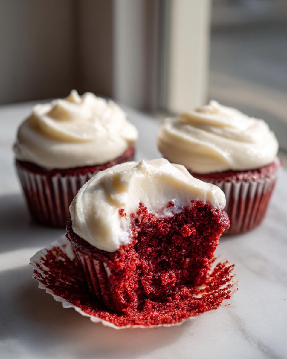Close-up of a bitten red velvet cupcakes showing the moist interior and thick cream cheese frosting.
