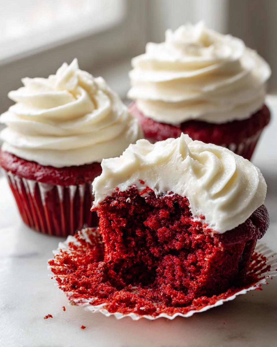 Close-up of moist red velvet cupcakes, one bitten into, showing the vibrant red crumb and thick white cream cheese frosting.