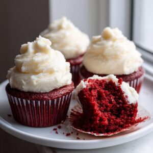 Close-up of moist red velvet cupcakes, one bitten into, showing the rich red crumb and thick cream cheese frosting.