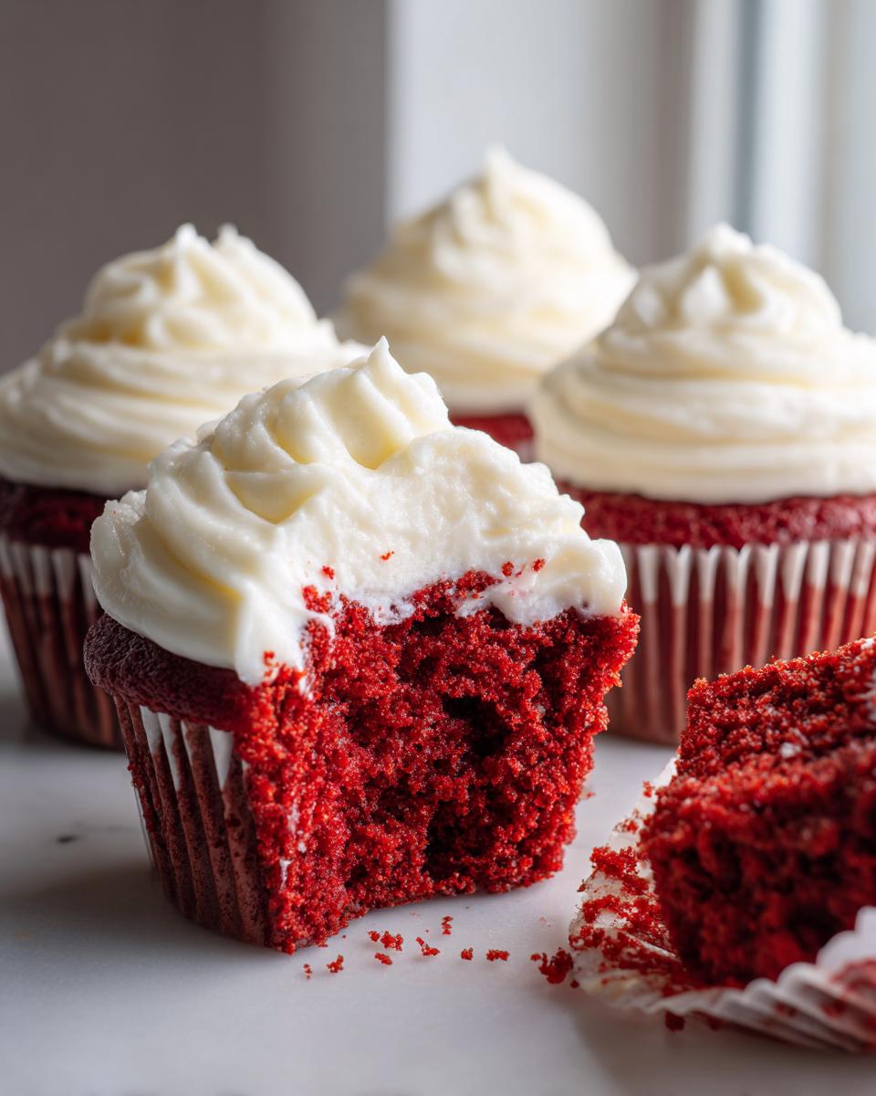 Close-up of a red velvet cupcakes cut in half showing the moist interior and rich cream cheese frosting.