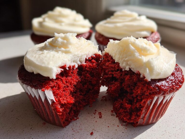 A red velvet cupcake split in half showing the moist, vibrant red interior and thick layer of white cream cheese frosting on top.