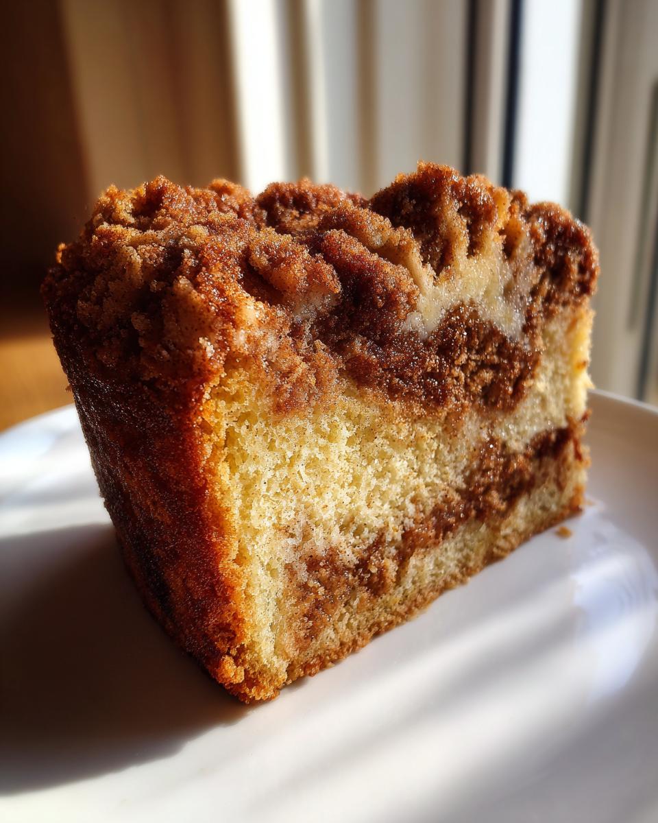 A close-up of a moist slice of coffee cake featuring a golden base and a thick cinnamon streusel topping.
