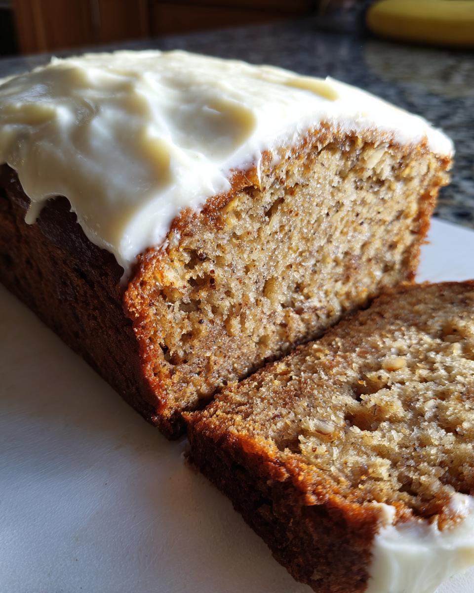 A close-up of a moist spice cake loaf, partially sliced, topped with thick white cream cheese frosting.