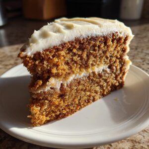 A close-up slice of incredibly moist spice cake with thick cream cheese frosting layers.
