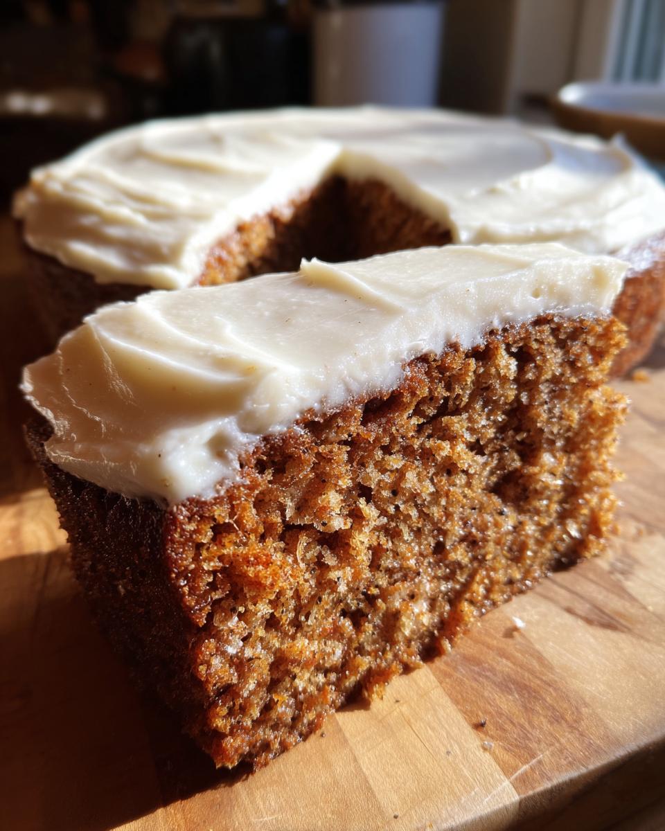 Close-up of a thick slice of moist spice cake topped with creamy white frosting, sitting on a wooden board.