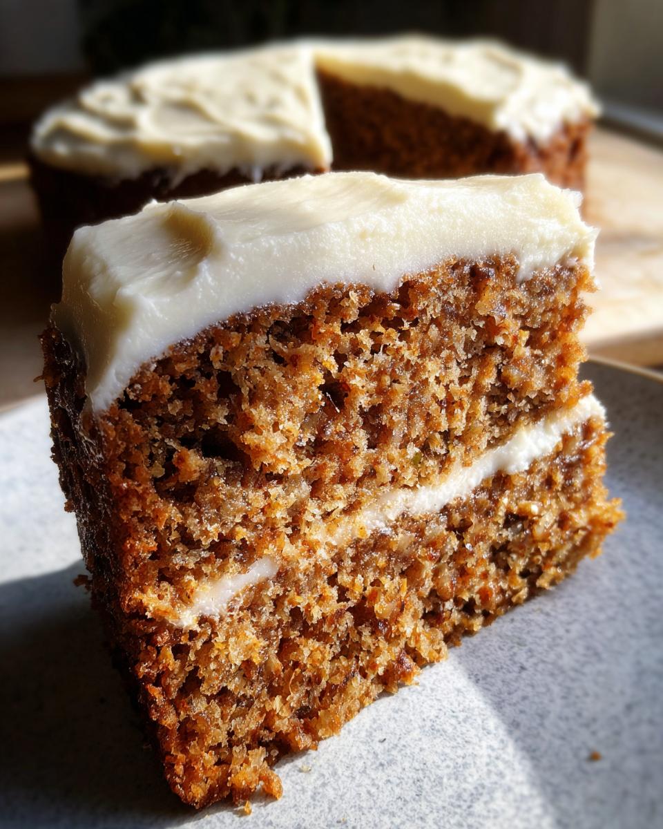 Close-up of a moist slice of spice cake with thick cream cheese frosting, showing the rich crumb texture.