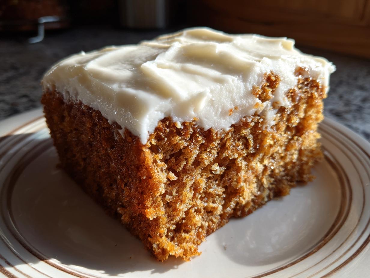 Close-up of a moist slice of spice cake topped with thick, white cream cheese frosting, catching the sunlight.