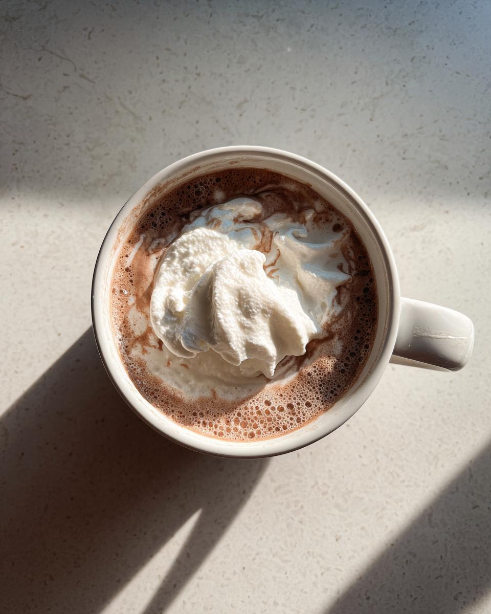Overhead view of a mug filled with white hot chocolate topped with a generous swirl of whipped cream.