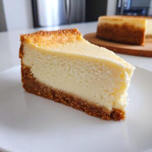 A close-up, tempting slice of New York cheesecake with a thick graham cracker crust, sitting on a white plate.