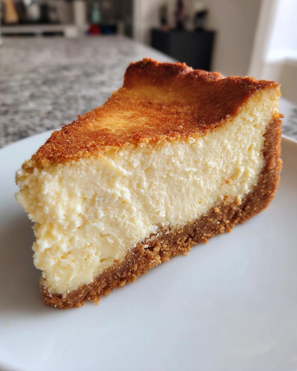 A thick, creamy slice of New York Cheesecake with a golden-brown top and graham cracker crust on a white plate.