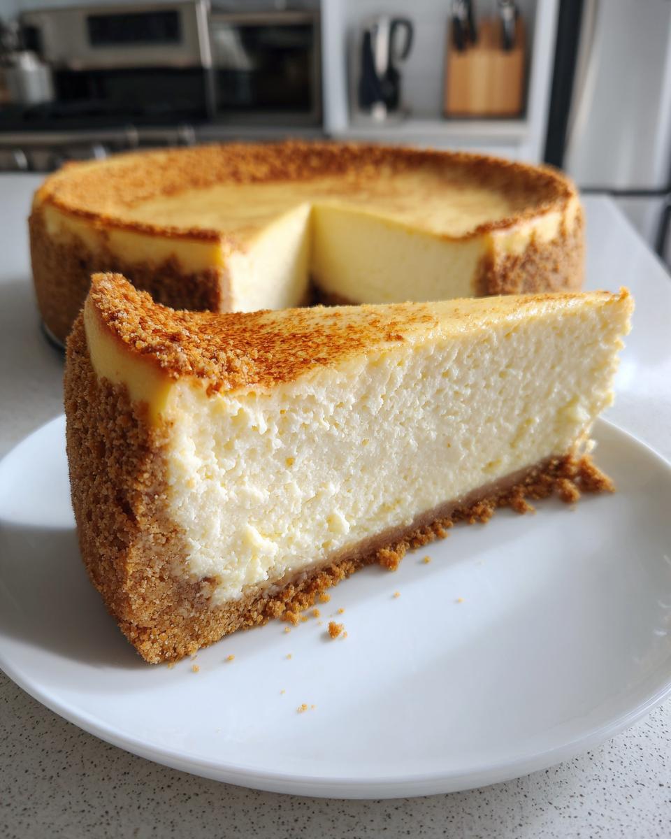 A thick slice of rich New York Cheesecake with a graham cracker crust served on a white plate, with the rest of the cake blurred in the background.