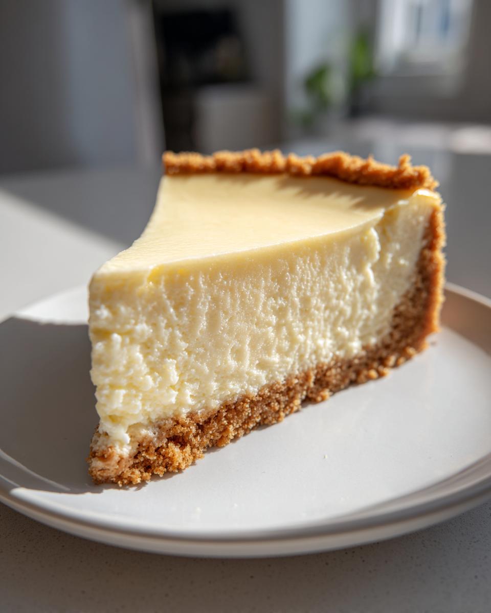 A perfect, tall slice of creamy New York Cheesecake with a thick graham cracker crust, sitting on a white plate.