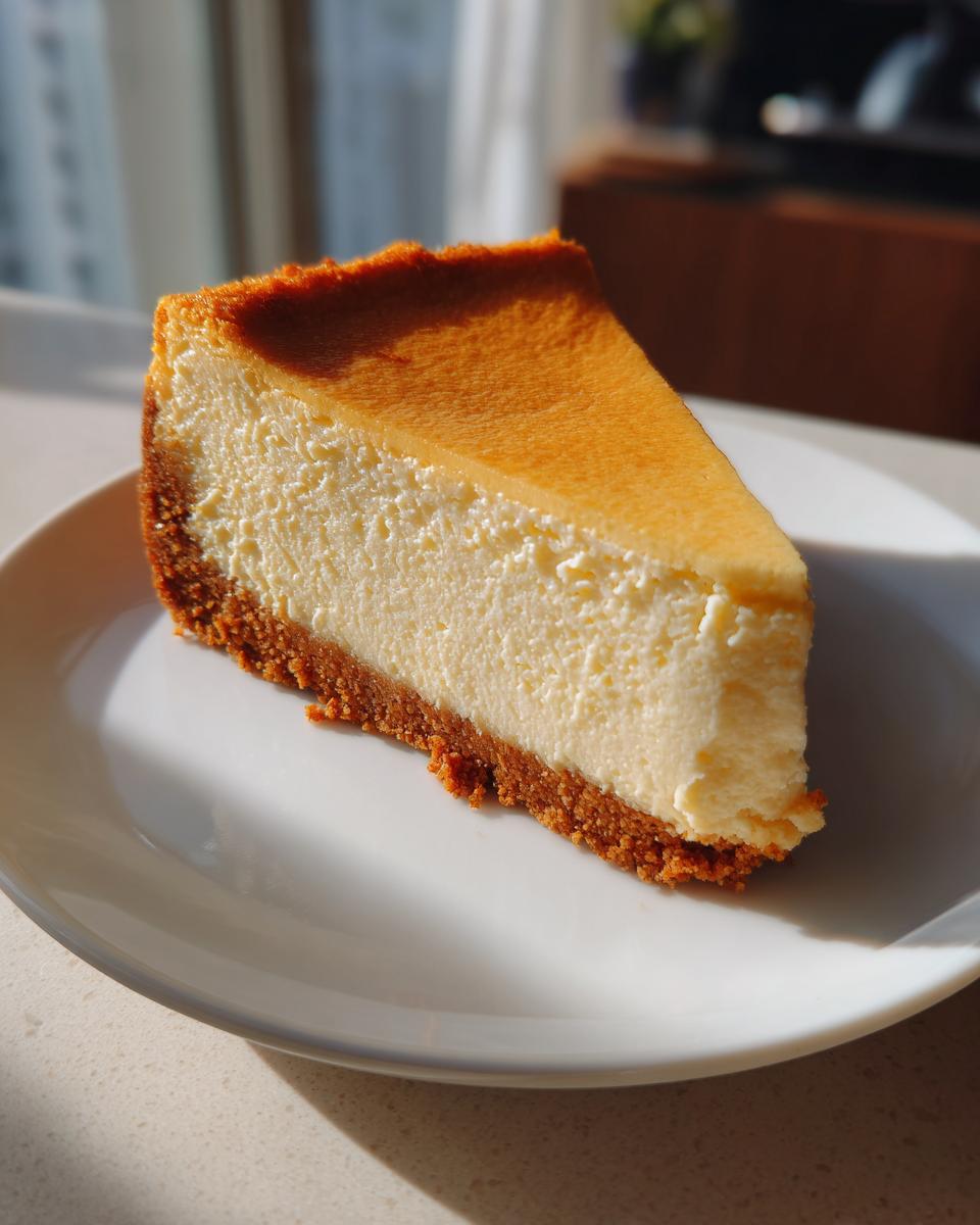 A perfect slice of rich New York cheesecake with a thick graham cracker crust, bathed in sunlight.