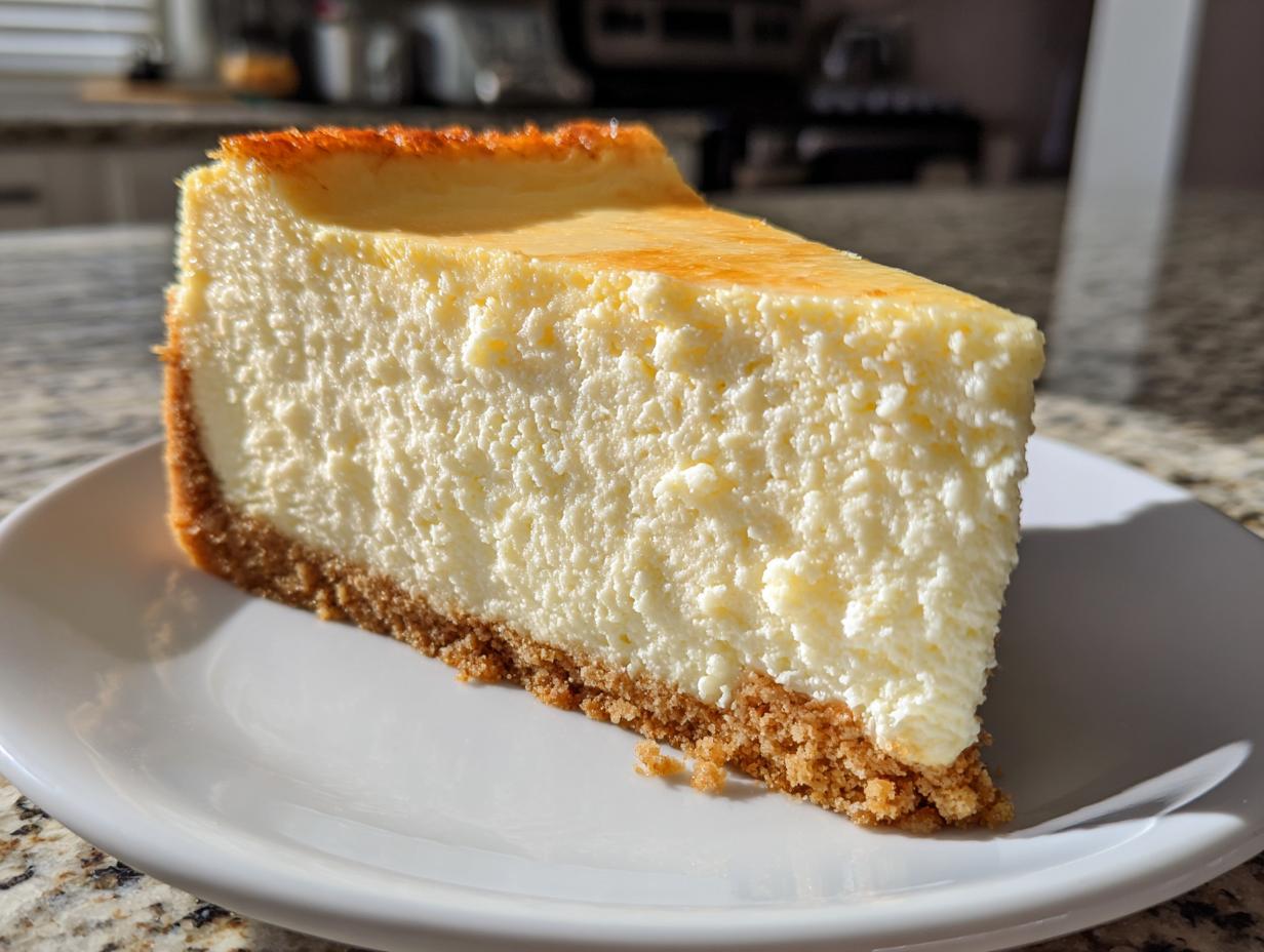 A thick, creamy slice of New York cheesecake with a golden top and graham cracker crust on a white plate.