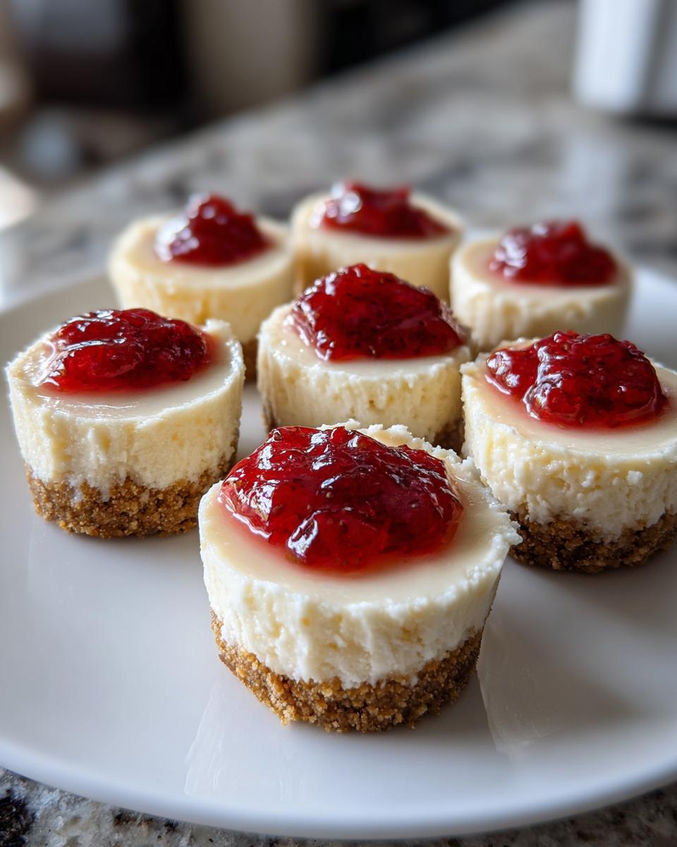 A close-up of several individual no-bake cheesecake bites topped with bright red strawberry jam on a white plate.