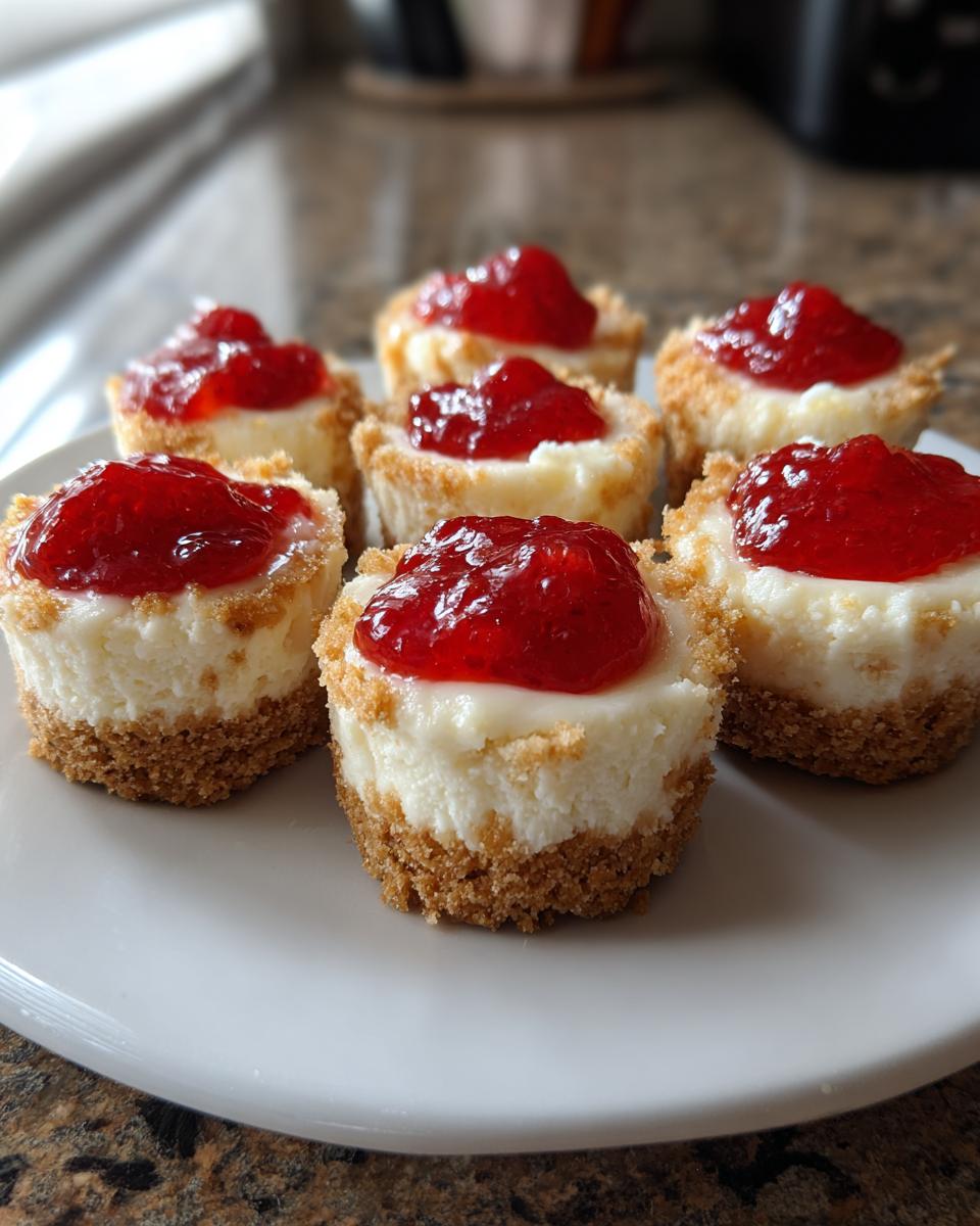 Close-up of six individual no-bake cheesecake bites with graham cracker crusts and bright red strawberry topping.
