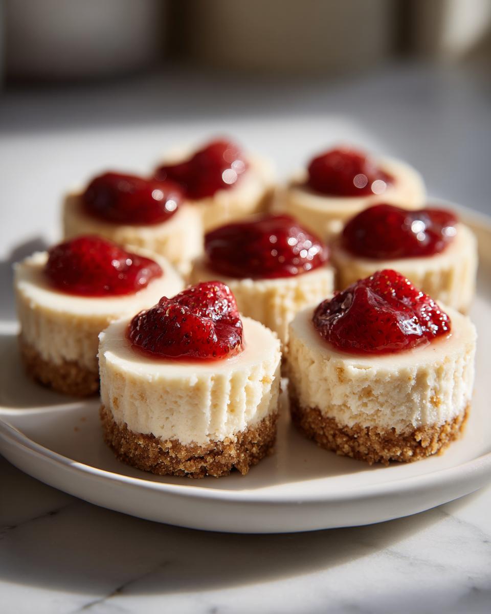 A plate of small, round no-bake cheesecake bites topped with glistening strawberry preserves.