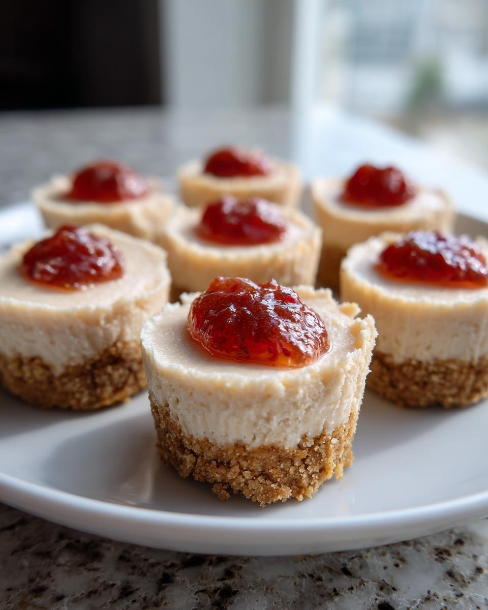 A plate of homemade no-bake cheesecake bites featuring a graham cracker crust and topped with a dollop of bright red strawberry jam.