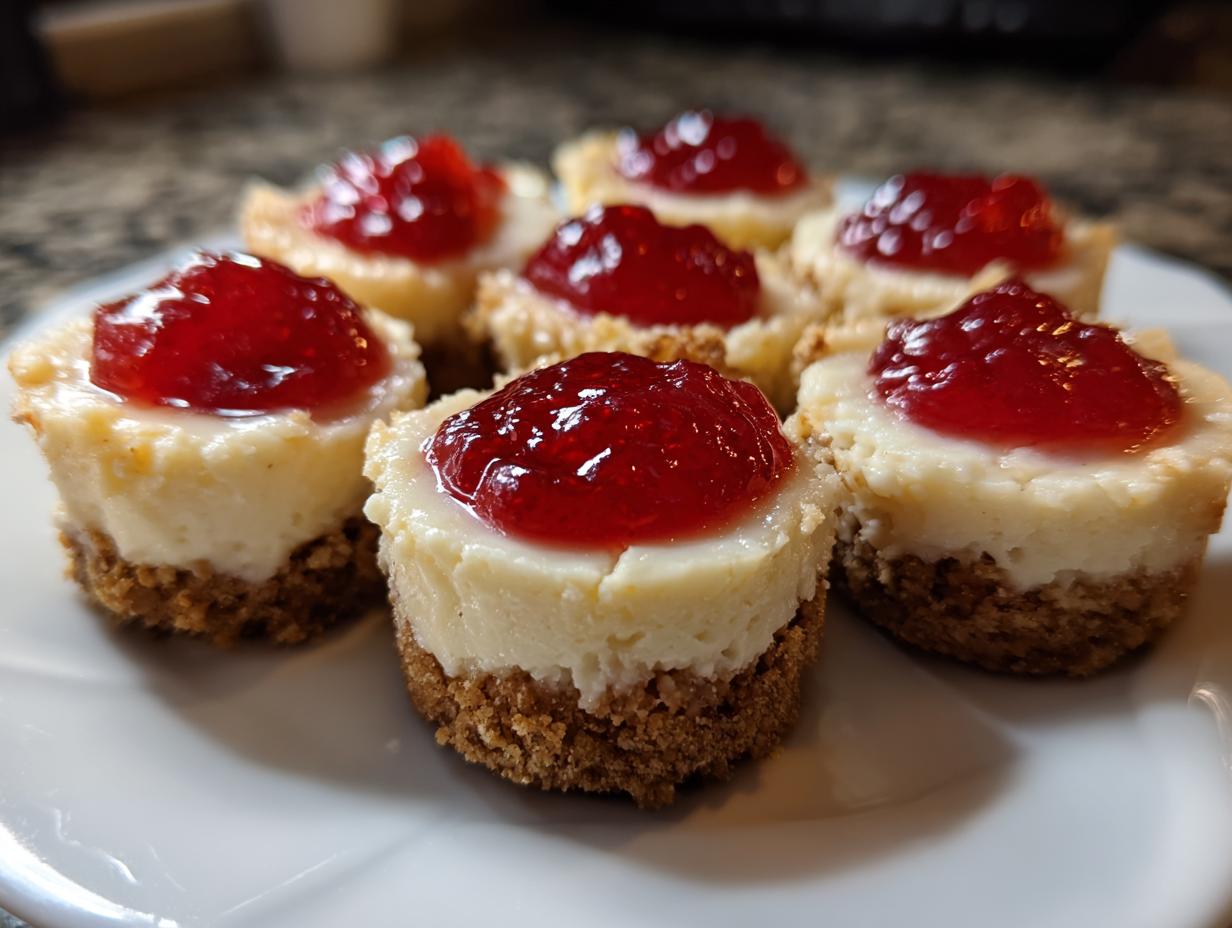 A close-up of several no-bake cheesecake bites featuring a graham cracker crust, creamy filling, and a dollop of bright red strawberry topping.