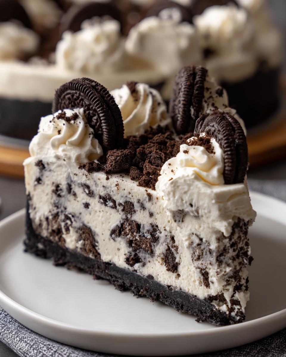 A decadent slice of no bake Oreo cheesecake featuring a dark crust, creamy filling with cookie chunks, topped with whipped cream and whole Oreos.