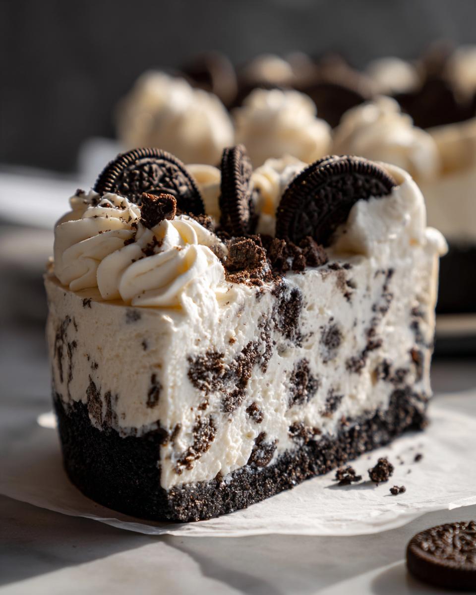 A close-up slice of no bake Oreo cheesecake showing the thick Oreo crust and creamy filling studded with cookie pieces.
