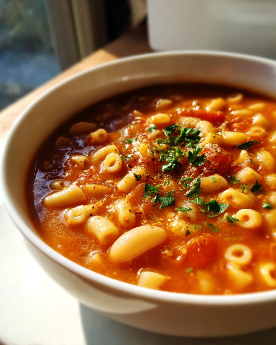 Close-up of a white bowl filled with rich, tomato-based pasta fagioli soup, garnished with parsley.