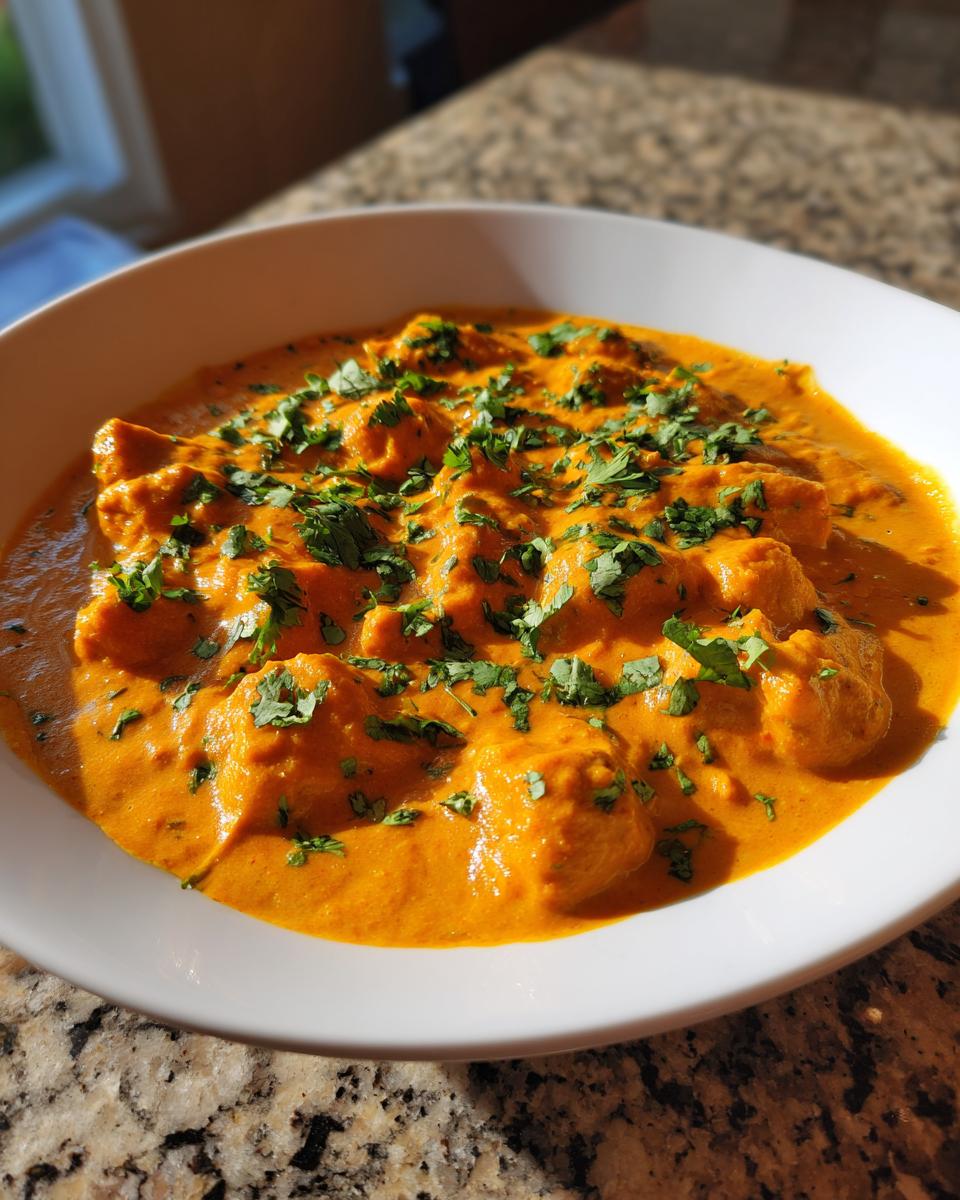 A close-up of a white bowl filled with rich, orange pumpkin curry, garnished generously with fresh chopped cilantro.