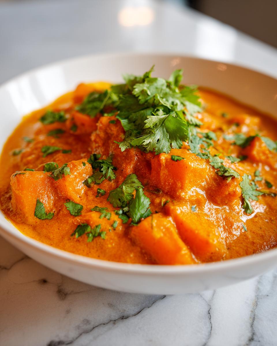 Close-up of a white bowl filled with vibrant orange pumpkin curry, garnished generously with fresh cilantro.