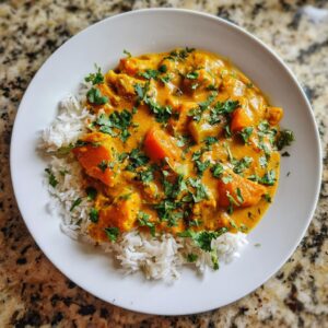 A close-up of a white plate featuring a rich, orange pumpkin curry served alongside fluffy white rice and topped with fresh cilantro.