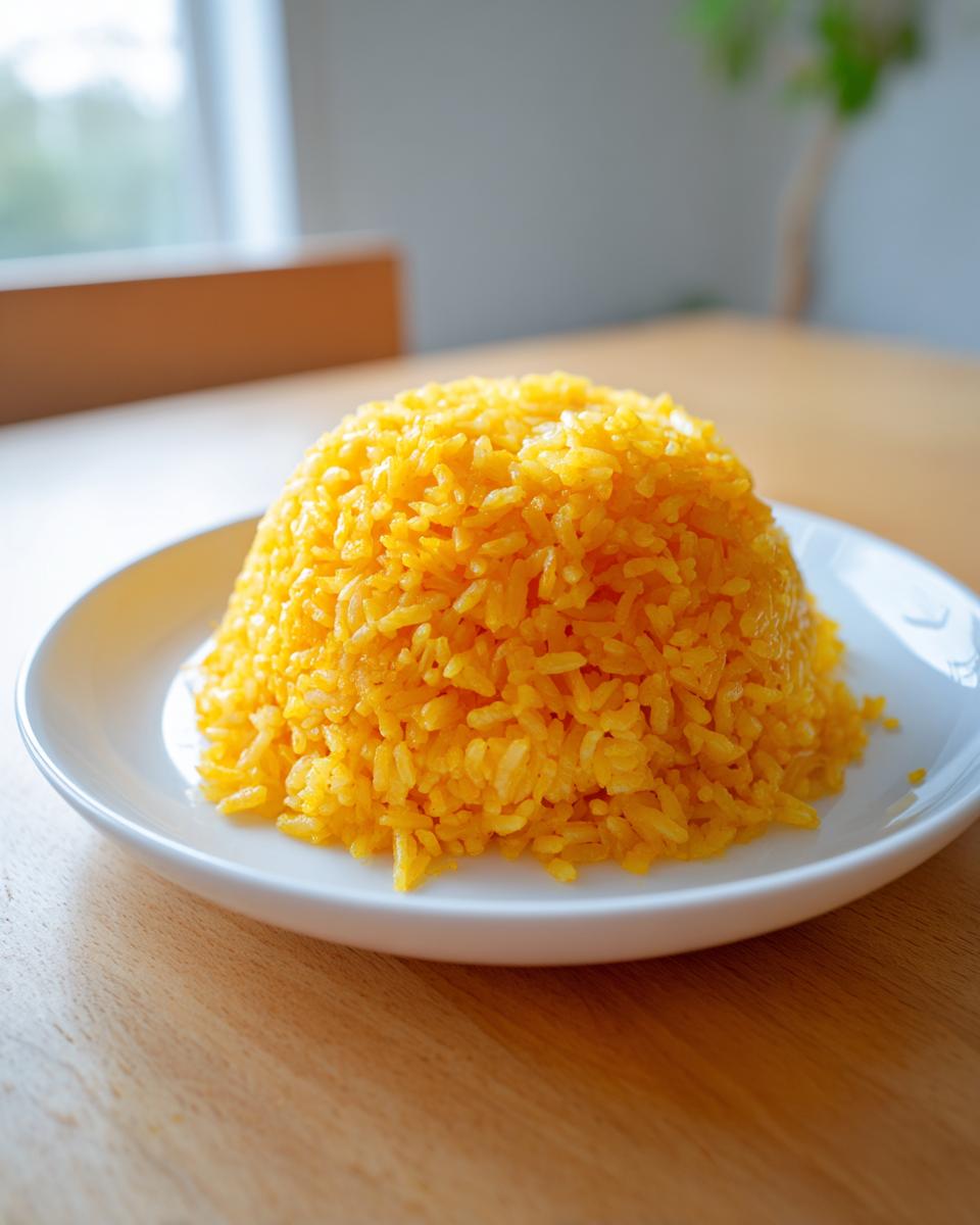 A perfectly molded dome of bright yellow turmeric rice served on a white plate.