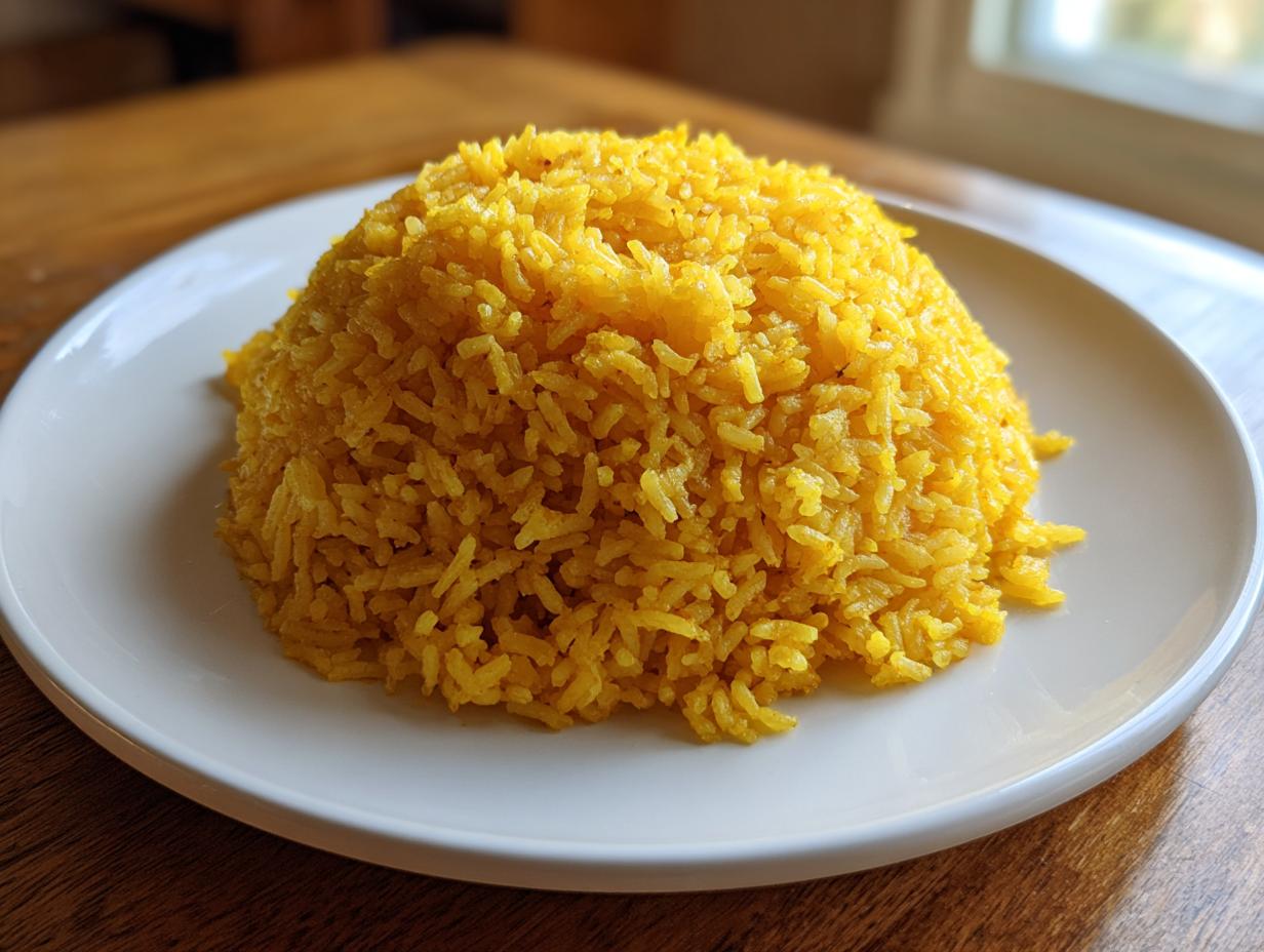 A mound of vibrant yellow turmeric rice served on a simple white plate, ready to eat.