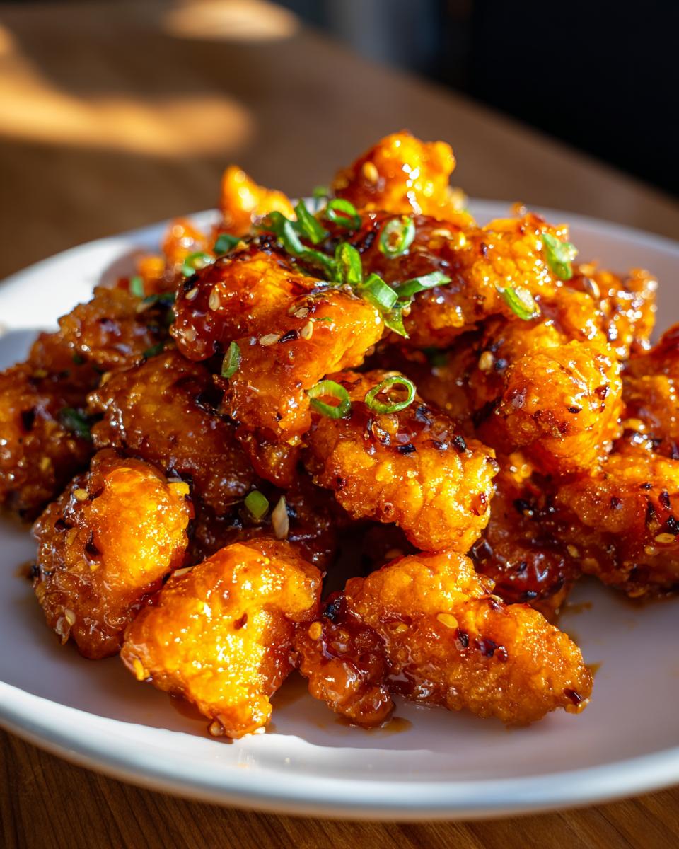 Close-up of crispy, glazed pieces of orange chicken recipe topped with sesame seeds and chopped green onions.