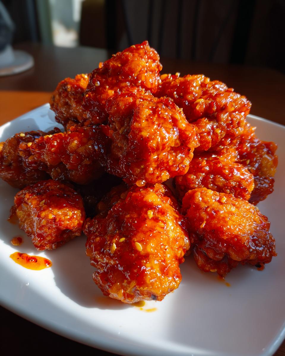 Close-up of crispy chicken pieces coated in a thick, glossy, reddish-orange glaze from the orange chicken recipe.