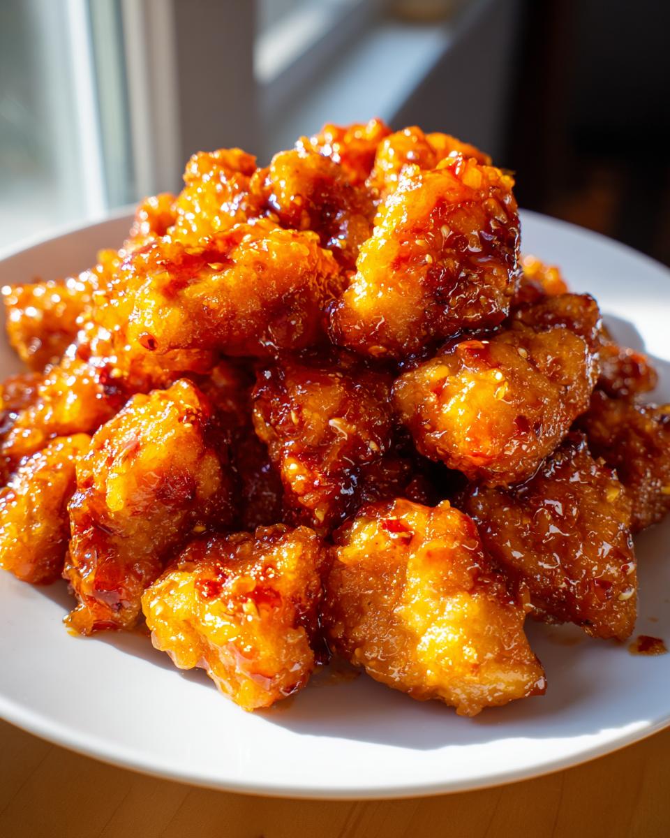 A pile of crispy, glazed pieces of orange chicken recipe coated in a sticky, sweet, and slightly spicy sauce.