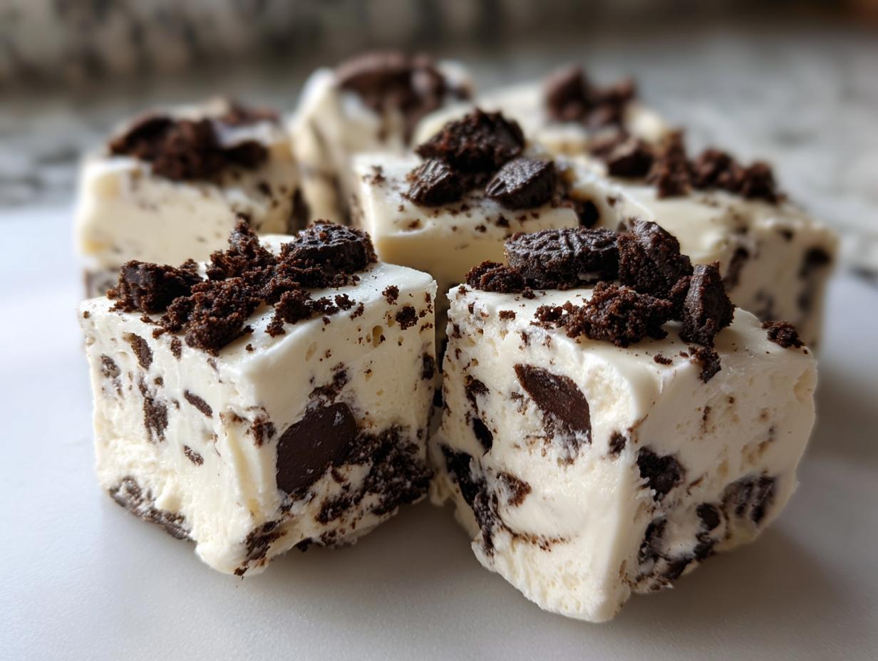 Close-up of creamy white squares of Oreo fudge studded with dark cookie pieces and topped with crumbs.
