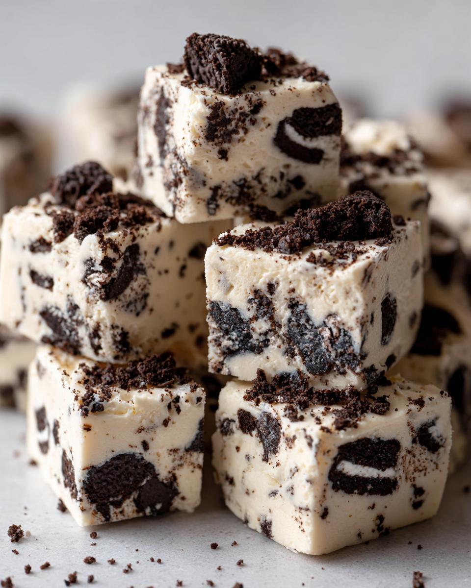 A stack of creamy white squares of Oreo fudge loaded with crushed chocolate sandwich cookies.