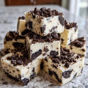 A stack of creamy white Oreo fudge squares loaded with crushed chocolate cookies, topped with more cookie crumbs.