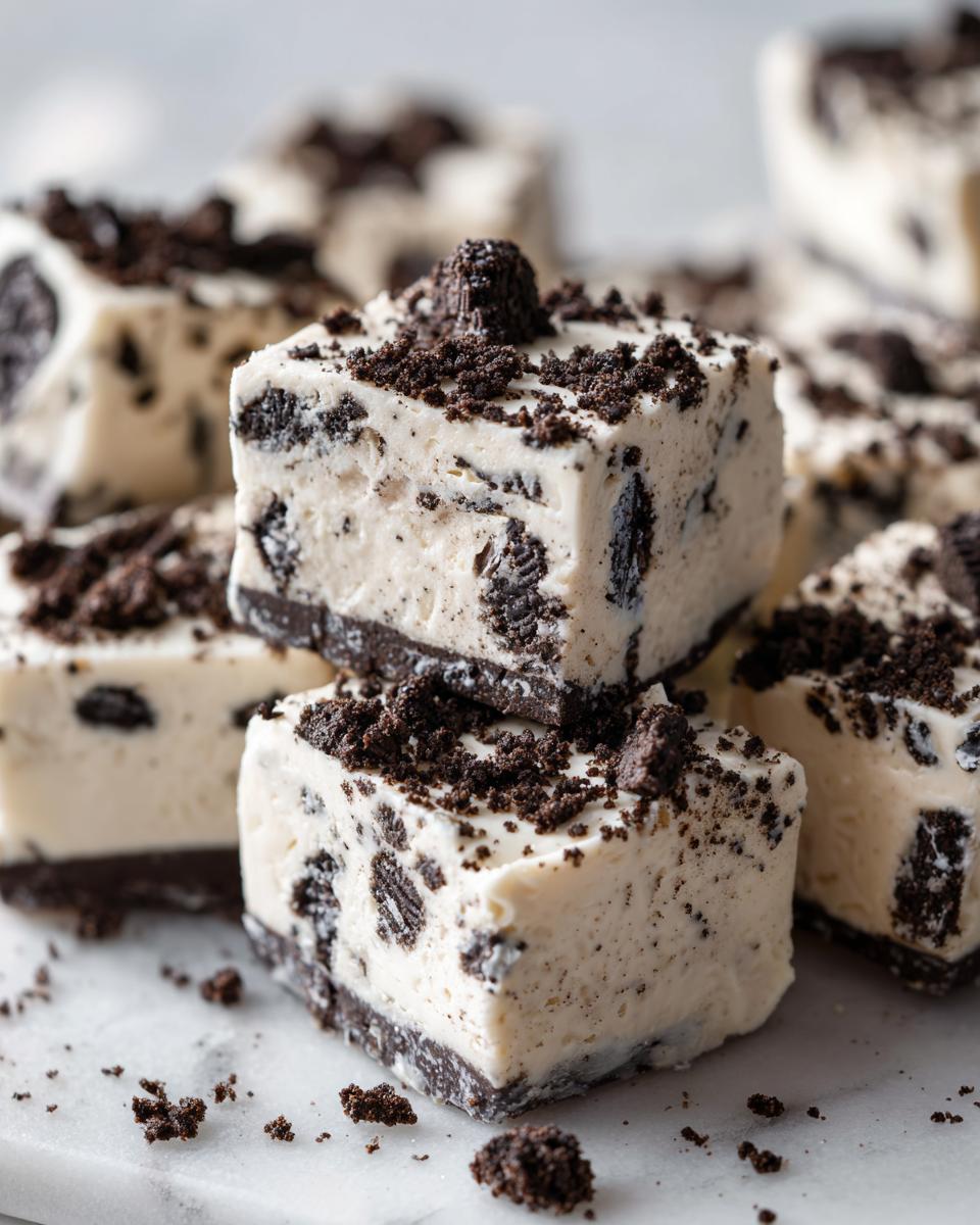 Close-up of stacked, creamy white squares of Oreo fudge loaded with crushed chocolate cookies.