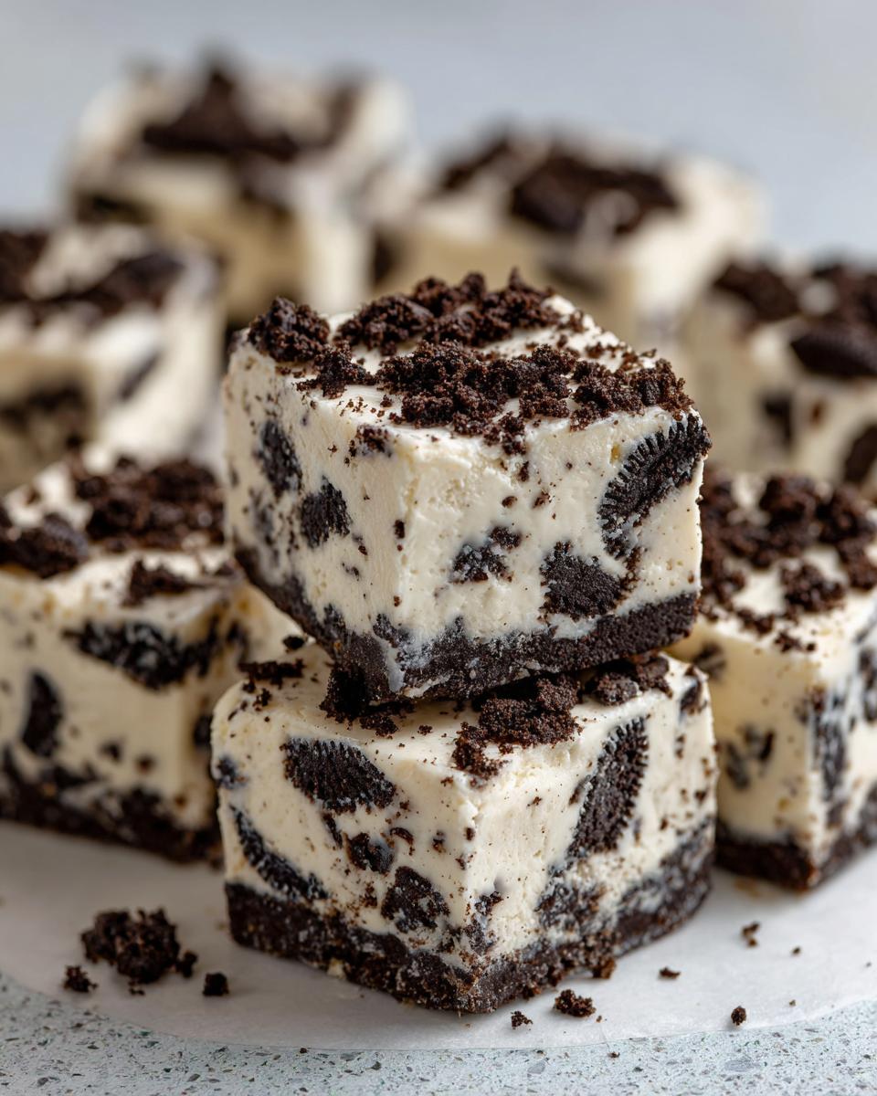 Two squares of creamy white Oreo fudge stacked, loaded with dark chocolate cookie pieces, topped with crumbs.