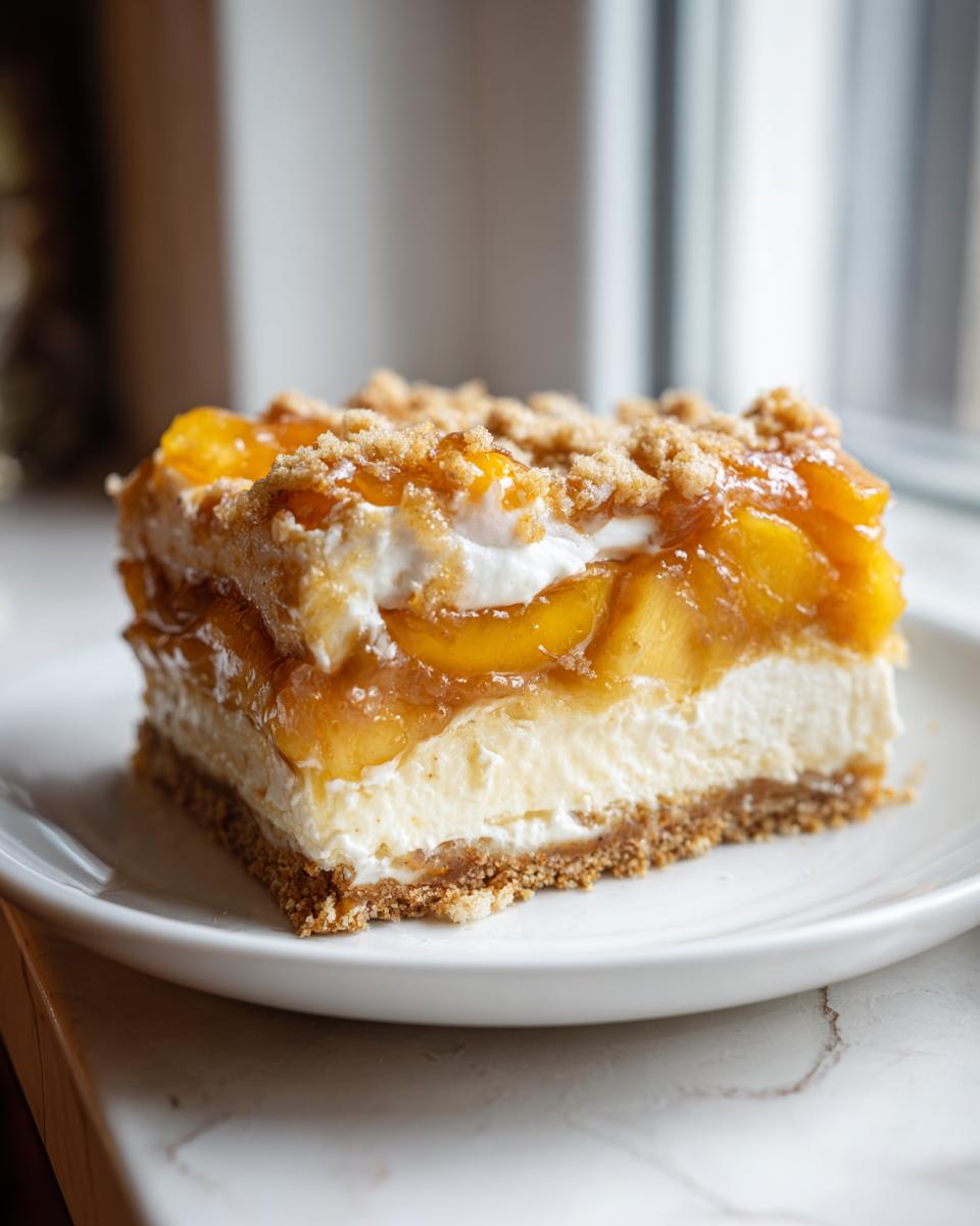 A single serving slice of peach cobbler cheesecake with a graham cracker crust, creamy filling, and peach topping.