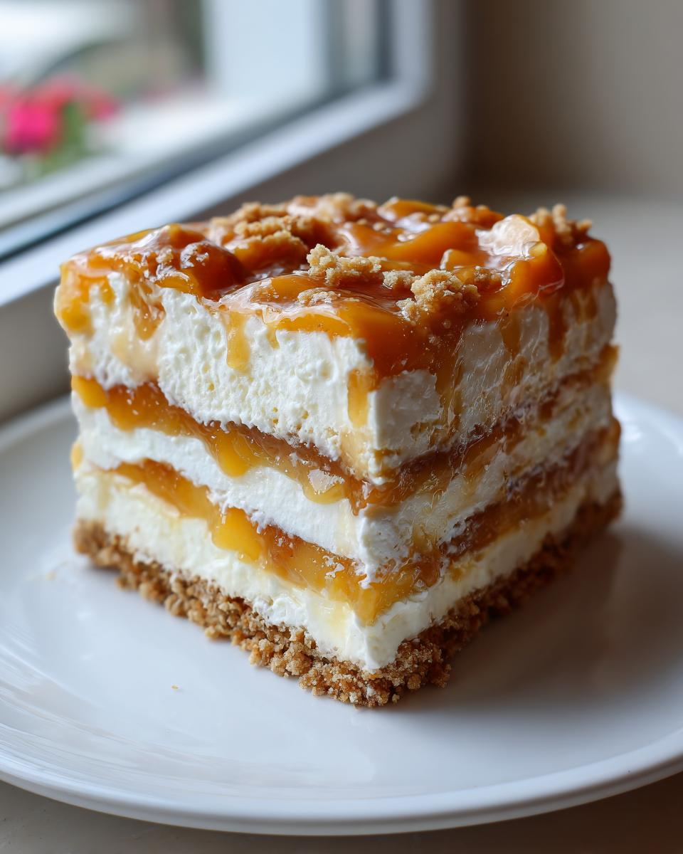 A square slice of layered peach cobbler cheesecake with creamy filling, peach topping, and a graham cracker crust.