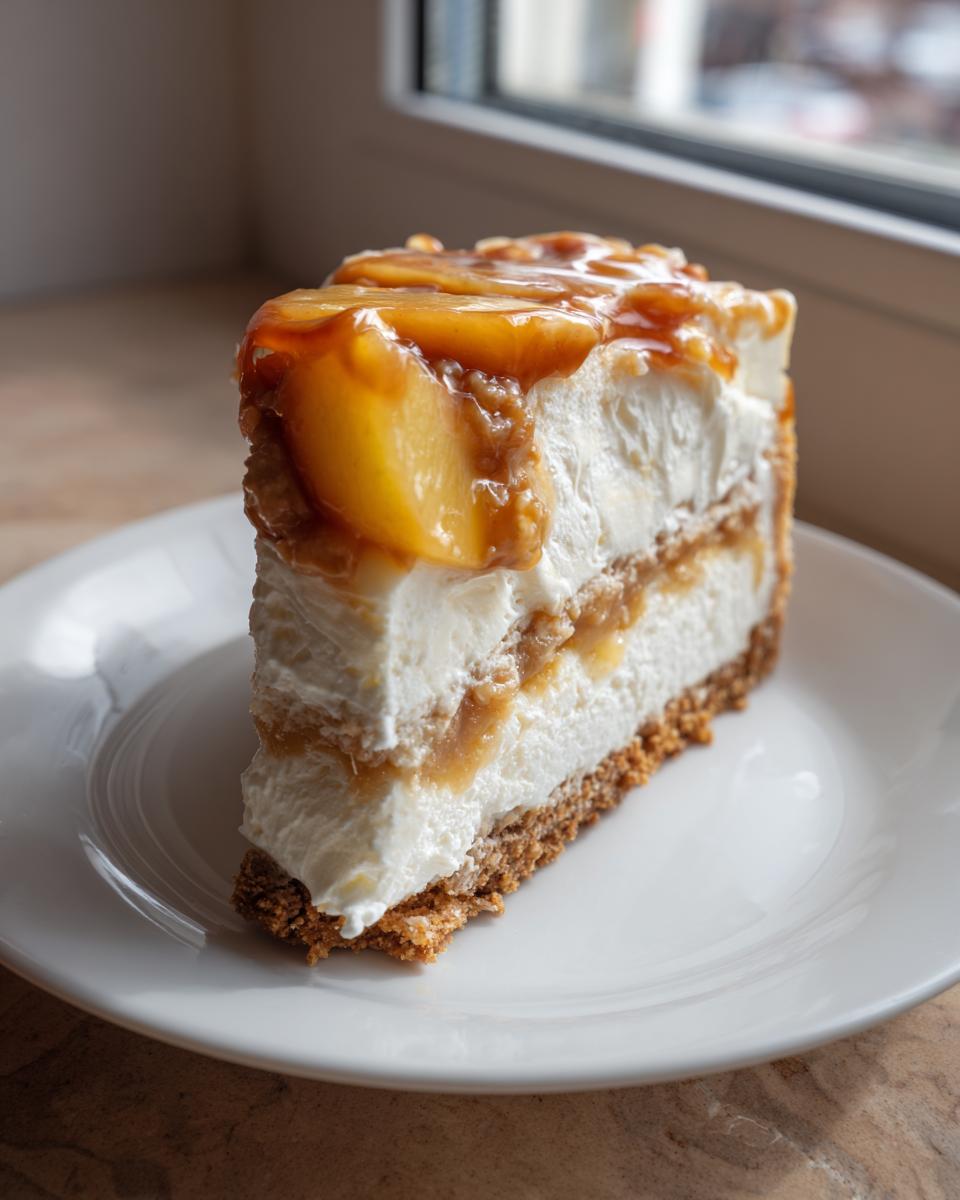 A tall slice of no-bake peach cobbler cheesecake with a graham cracker crust and caramel peach topping.